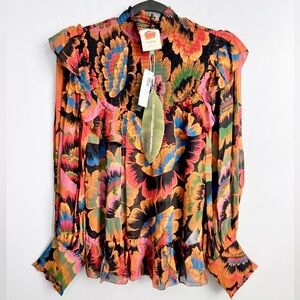 NWT! FARM RIO Size XS • Colorful Flowers Semi-Sheer Long Sleeve Blouse.